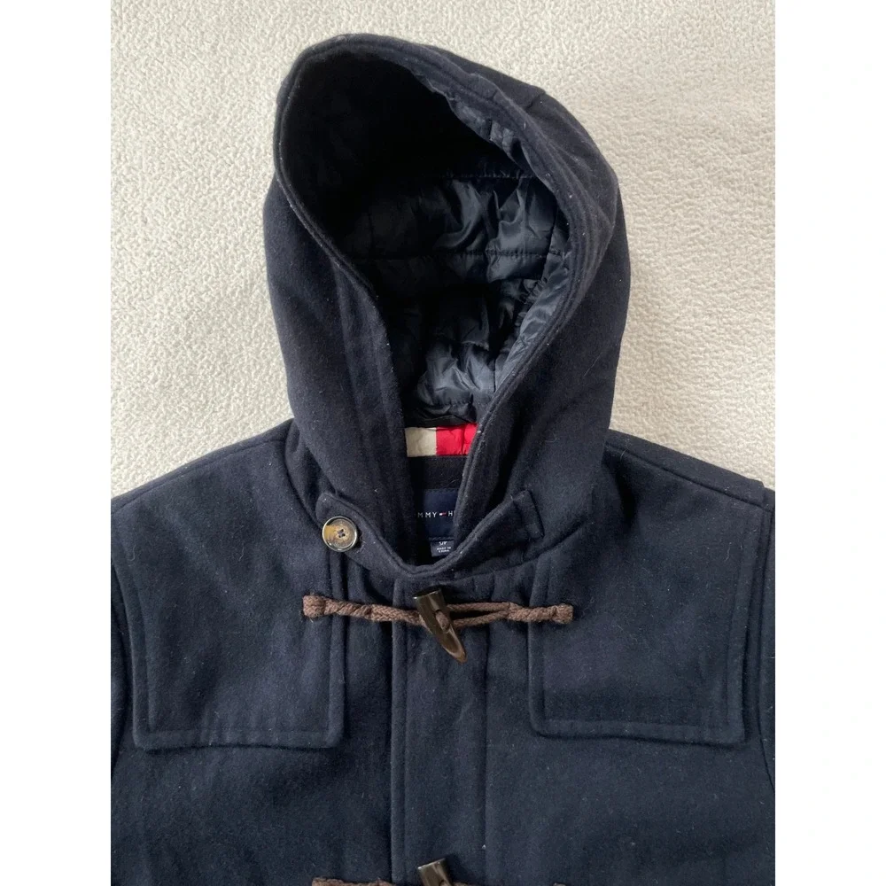 Tommy Hilfiger Duffle‎ Coat Mens Small Navy Blue Wool Blend Toggle Hooded Jacket
